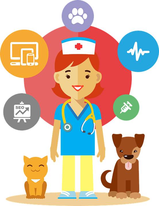 woman nurse with dog and cat graphic